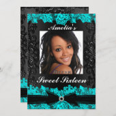 ティール（緑がかった色）&かわいらしブラックレースフォトスイート16招待状 招待状 (正面/裏面)