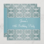 ティール（緑がかった色）かわいらしブルーダマスク13thバースデーパーティー 招待状 (正面/裏面)
