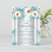 ティール（緑がかった色）かわいらしブルートロピカルフローラ誕生会 招待状 (スタンド正面)