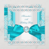 ティール（緑がかった色）かわいらしブルーパールホワイトバースデーパーティー 招待状 (正面/裏面)