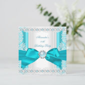ティール（緑がかった色）かわいらしブルーパールホワイトバースデーパーティー 招待状 (スタンド正面)