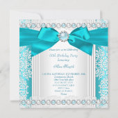 ティール（緑がかった色）かわいらしブルーパールホワイトバースデーパーティー 招待状 (裏面)