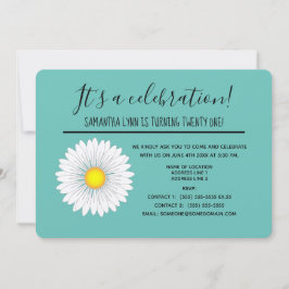 ティール（緑がかった色）かわいらしリトルデイジー21歳の誕生日パーティー 招待状