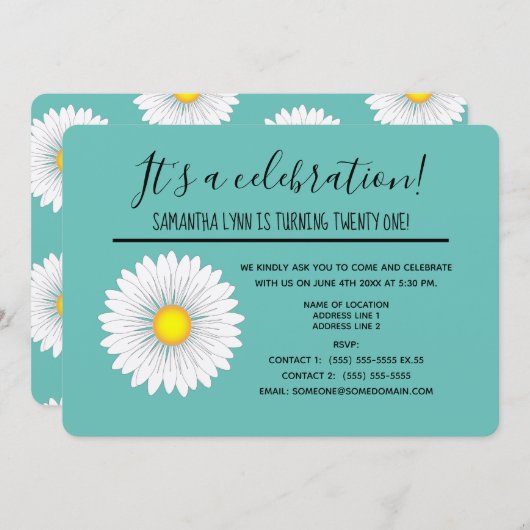 ティール（緑がかった色）かわいらしリトルデイジー21歳の誕生日パーティー 招待状 (正面/裏面)