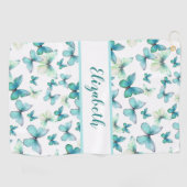 ティール（緑がかった色）かわいらし蝶と名前をカスタムする ゴルフタオル (横)