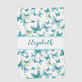 ティール（緑がかった色）かわいらし蝶と名前をカスタムする ゴルフタオル (正面)