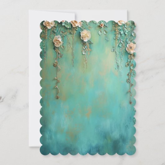 ティール（緑がかった色）かわいらし赤面ピンクフローラブライダルシャワー 招待状 (裏面)