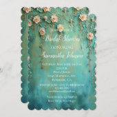 ティール（緑がかった色）かわいらし赤面ピンクフローラブライダルシャワー 招待状 (正面/裏面)