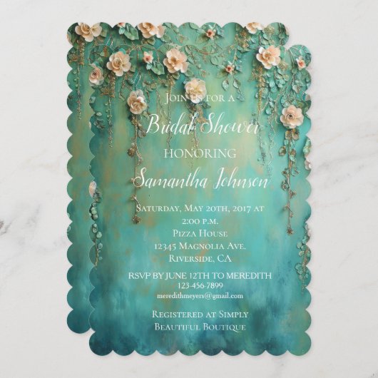 ティール（緑がかった色）かわいらし赤面ピンクフローラブライダルシャワー 招待状 (正面/裏面)
