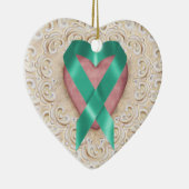 ティール(緑がかった色)がんハートのリボン – SRF セラミックオーナメント (右)
