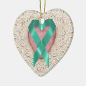 ティール(緑がかった色)がんハートのリボン – SRF セラミックオーナメント (左)