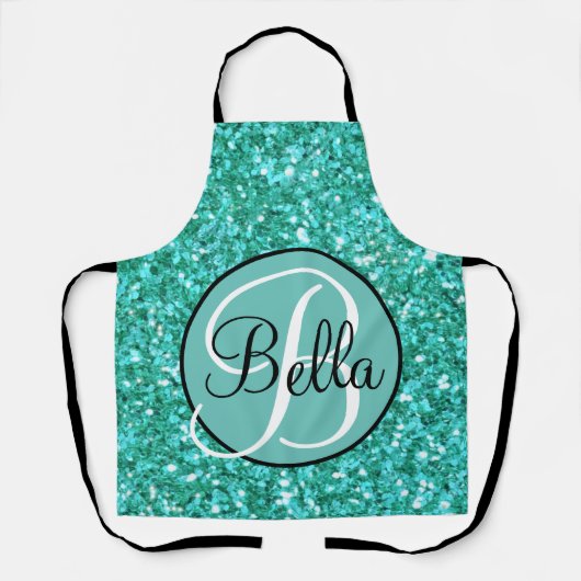 ティール(緑がかった色)きらめくグリッターパタモノグラムのーン エプロン (正面)