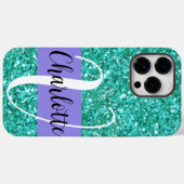 ティール（緑がかった色）きらめくグリッターモノグラムの Case-Mate iPhoneケース (裏面 (横))