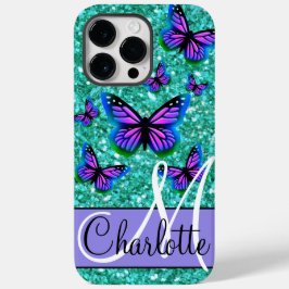 ティール（緑がかった色）きらめくグリッター、紫蝶 Case-Mate iPhone 14 PRO MAXケース