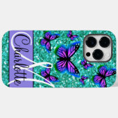 ティール（緑がかった色）きらめくグリッター、紫蝶 Case-Mate iPhoneケース (裏面 (横))