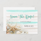 ティール(緑がかった色)とアイボリーストライプのSeashells日付の保存 案内ポストカード (正面/裏面)