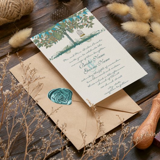 ティール（緑がかった色）とアクアバンティンツリーバーケージ結婚式の招待 招待状