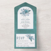 ティール(緑がかった色)とアクアブルーの花とアー結婚チーズ オールインワン招待状 (内側)