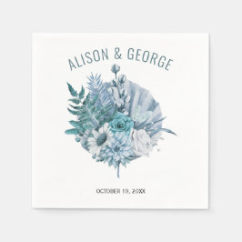 ティール（緑がかった色）とアクアブルーの花パーム結婚リーフ スタンダードカクテルナプキン