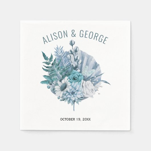 ティール（緑がかった色）とアクアブルーの花パーム結婚リーフ スタンダードカクテルナプキン (正面)