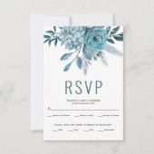 ティール(緑がかった色)とアクアブルーの花葉と結婚 出欠カード (正面)