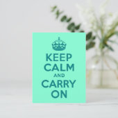 ティール(緑がかった色)とアクアマリンKeep Calm and Carry On ポストカード (スタンド正面)