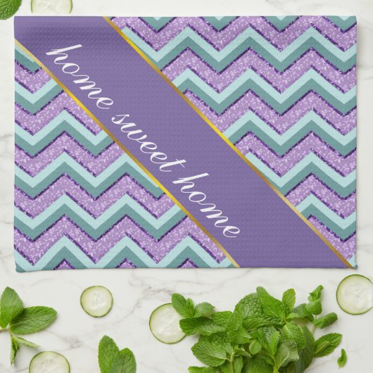 ティール（緑がかった色）とアメジストジグザグ キッチンタオル (折り畳み)