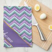 ティール（緑がかった色）とアメジストジグザグ キッチンタオル (四つ折り)
