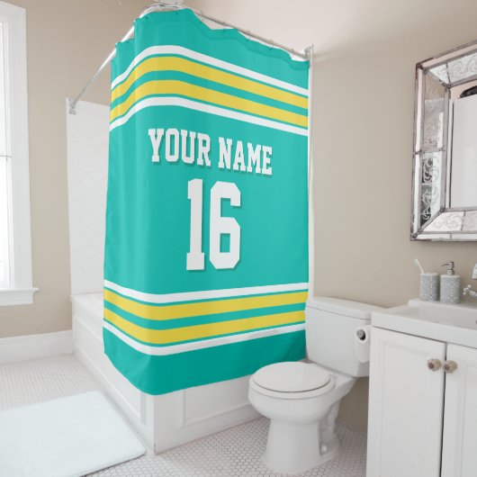 ティール（緑がかった色）とイエローホワイトストライプスポーツジャージー シャワーカーテン (インサイチュ)