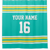ティール（緑がかった色）とイエローホワイトストライプスポーツジャージー シャワーカーテン (正面)
