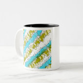 ティール（緑がかった色）とイエロー（ばちゃばちゃ）跳ねる 動揺して ツートーンマグカップ (正面左)