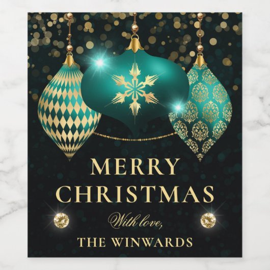 ティール（緑がかった色）とエレガント金ゴールドバウブルズメリークリスマス ワインラベル (シングルラベル)