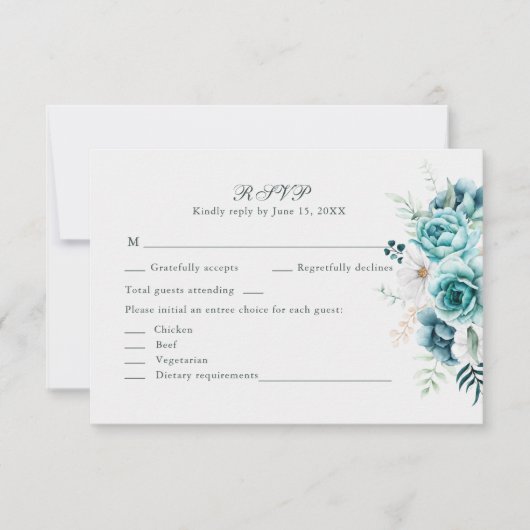 ティール（緑がかった色）とオフホワイトワイルドフラワーウェディングRSVPカード 出欠カード