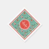 ティール（緑がかった色）とオレンジと赤モノグラムの花のパターン スタンダードカクテルナプキン (角)