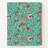 ティール（緑がかった色）とオレンジと赤モノグラムの花のパターン ノートブック (裏面)