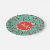 ティール(緑がかった色)とオレンジと赤モノグラムの花のパターン ペーパープレート (アングル)