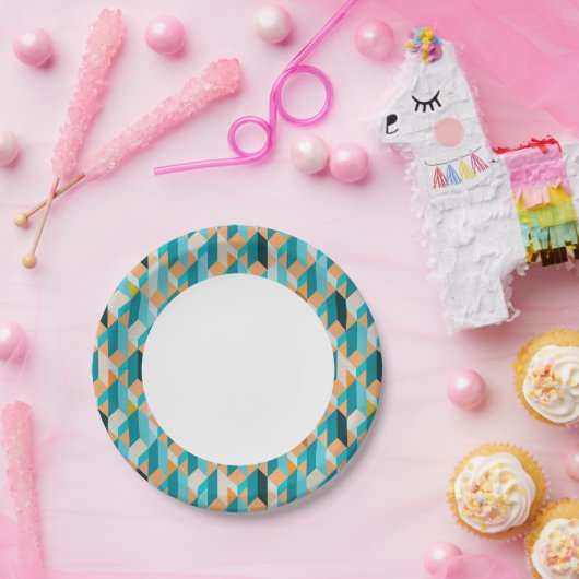 ティール(緑がかった色)とオレンジの形状パターン ペーパープレート (パーティー)