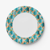 ティール(緑がかった色)とオレンジの形状パターン ペーパープレート (正面)