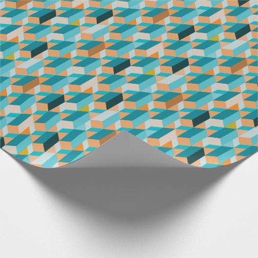 ティール(緑がかった色)とオレンジの形状パターン ラッピングペーパー (角)