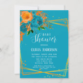 ティール（緑がかった色）とオレンジの花模様金ゴールドベビーシャワー 招待状 (正面)