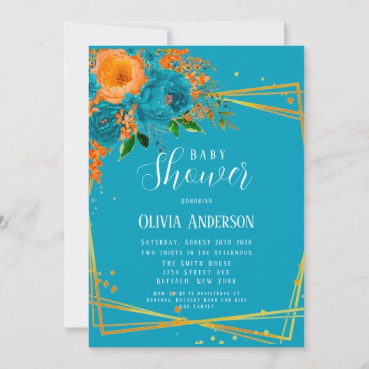 ティール（緑がかった色）とオレンジの花模様金ゴールドベビーシャワー 招待状 (正面)