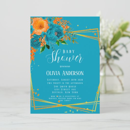 ティール（緑がかった色）とオレンジの花模様金ゴールドベビーシャワー 招待状 (スタンド正面)