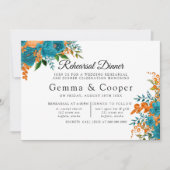 ティール(緑がかった色)とオレンジエレガント花模様リハーサルディナー 招待状 (正面)