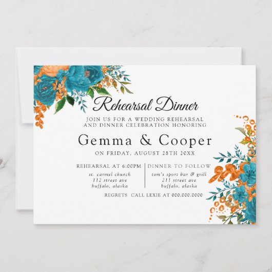 ティール（緑がかった色）とオレンジエレガント花模様リハーサルディナー 招待状 (正面)