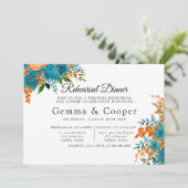 ティール(緑がかった色)とオレンジエレガント花模様リハーサルディナー 招待状 (スタンド正面)