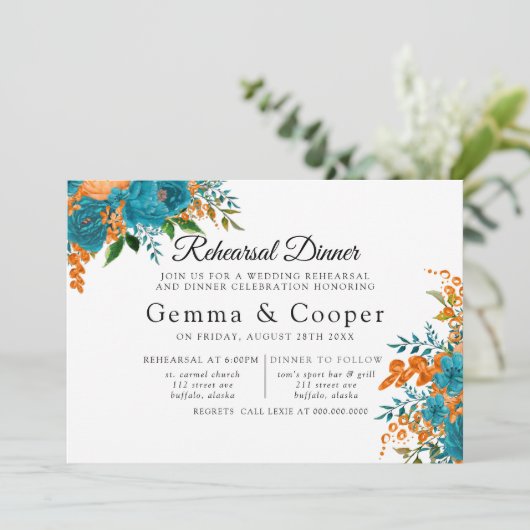 ティール（緑がかった色）とオレンジエレガント花模様リハーサルディナー 招待状 (スタンド正面)