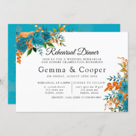 ティール（緑がかった色）とオレンジエレガント花模様リハーサルディナー 招待状