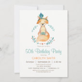 ティール(緑がかった色)とオレンジガールキツネ誕生日パーティーの招待 招待状 (正面)