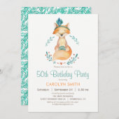 ティール（緑がかった色）とオレンジガールキツネ誕生日パーティーの招待 招待状 (正面/裏面)