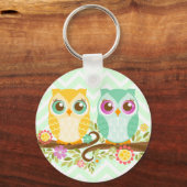 ティール（緑がかった色）とオレンジフクロウズオンフラワーブランチ – Key Chain キーホルダー (正面)